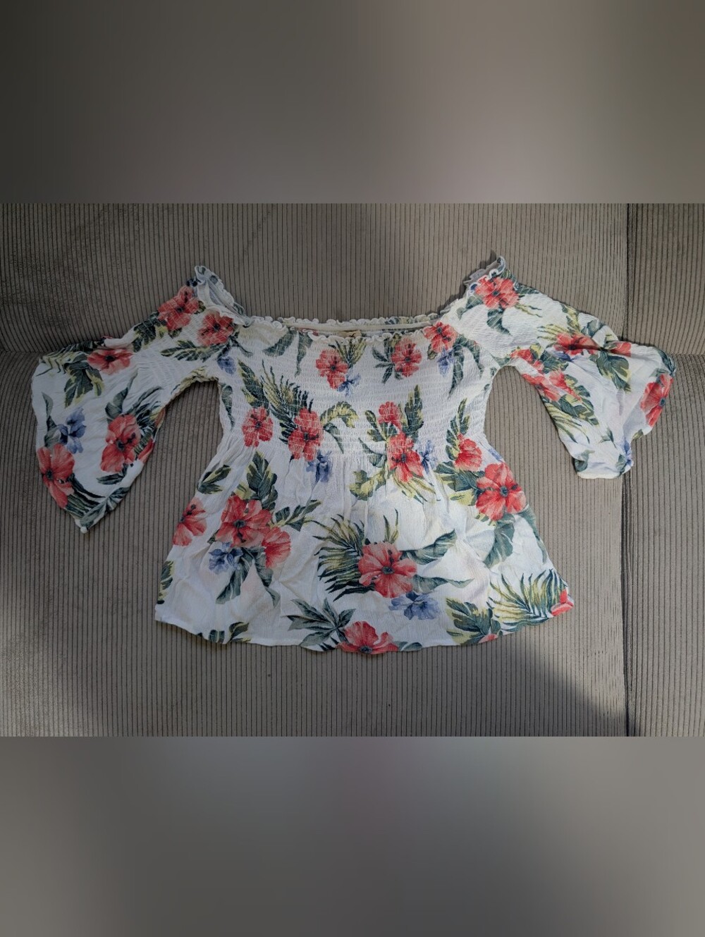 Hollister Floral Off the Shoulder Smocked Peplum Blouse Bell Sleeve
